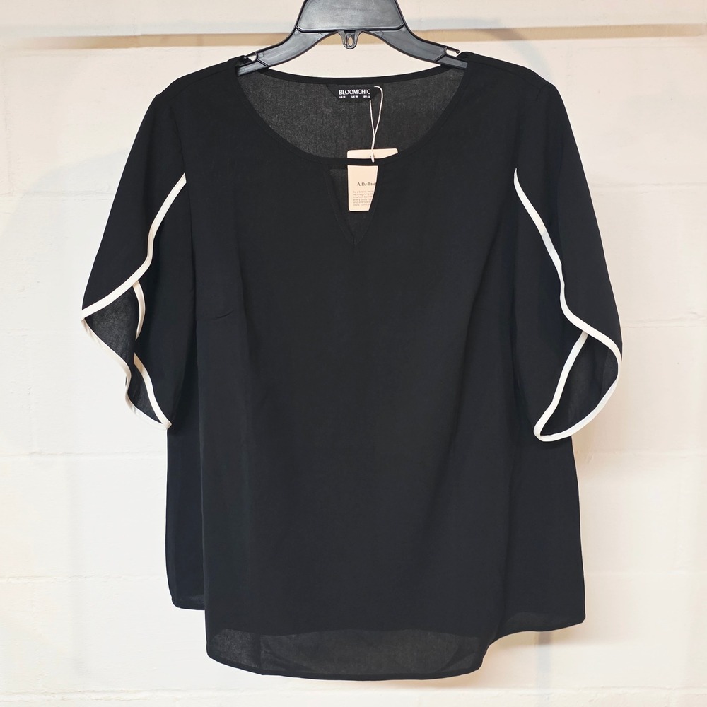 Bloomingdale's Black Flutter Sleeve Blouse with White Trim